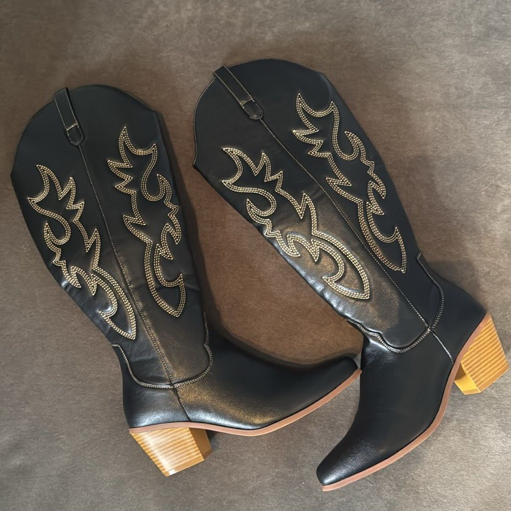 Women’s Black Western Cowgirl Boots Knee High Pointed Toe Side Zip Size 11 NEW - Picture 2 of 16